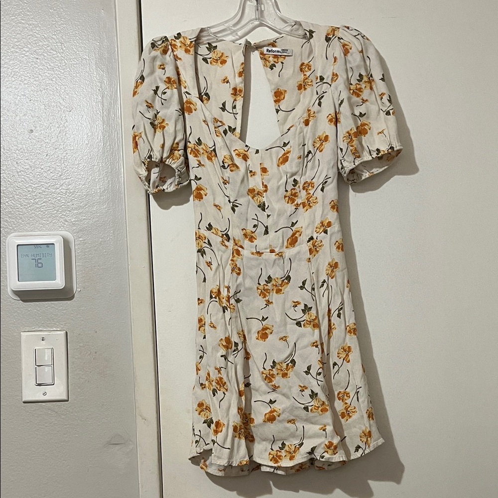 Reformation Cream Mini Dress with Yellow Floral Print